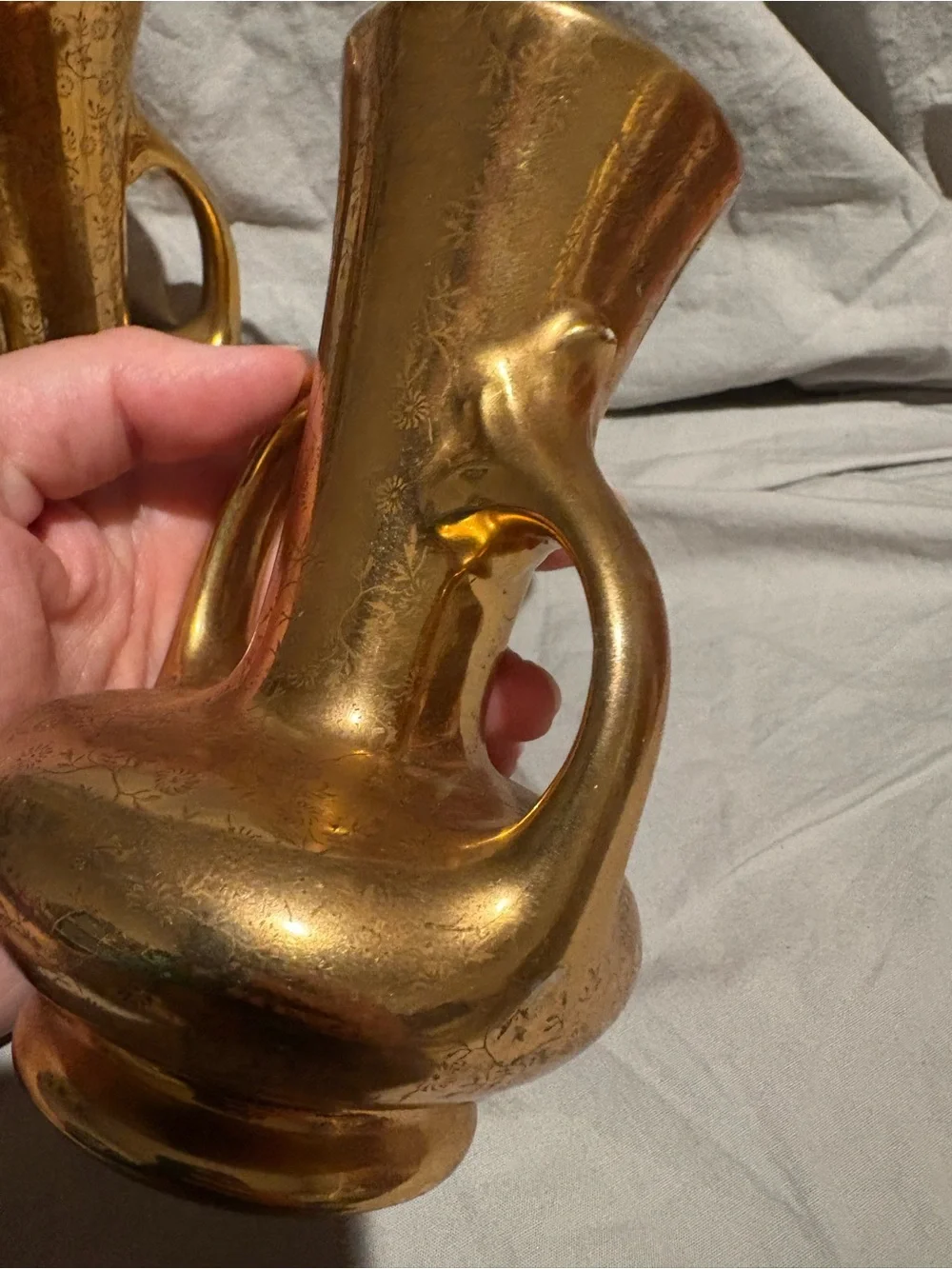 Pearl China 22K Gold Decorative Double-Handled Ceramic Vases - Pair